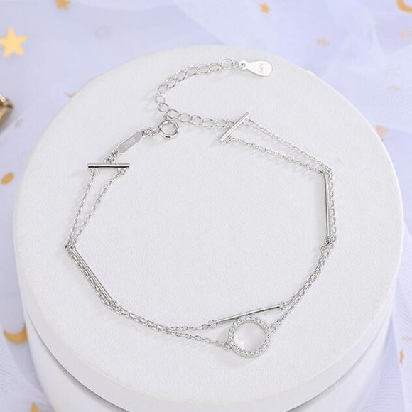 925 Sterling Silver Diamond Circle Bar Bracelet J - Picture 7 of 8